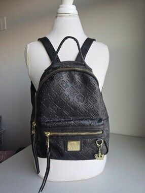 Juicy Couture Black Debossed Monogram Mini Backpack Gold Y2K Baddie Crown